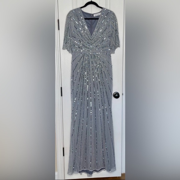 NWT Mac Duggal 93583 Beaded Cape Sleeve Column Gown Slate Blue Sz 8 $698 - Picture 4 of 16